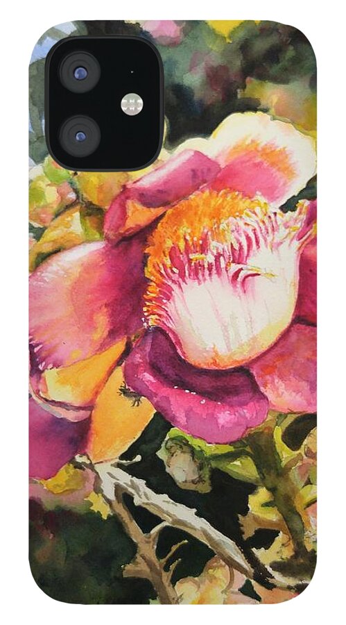 Pink iPhone 12 Case featuring the painting Budha Flower by Sonia Mocnik