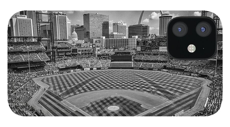 Cardinals iPhone 12 Case featuring the photograph Busch Stadium St. Louis Cardinals Black White BallPark Village by David Haskett II