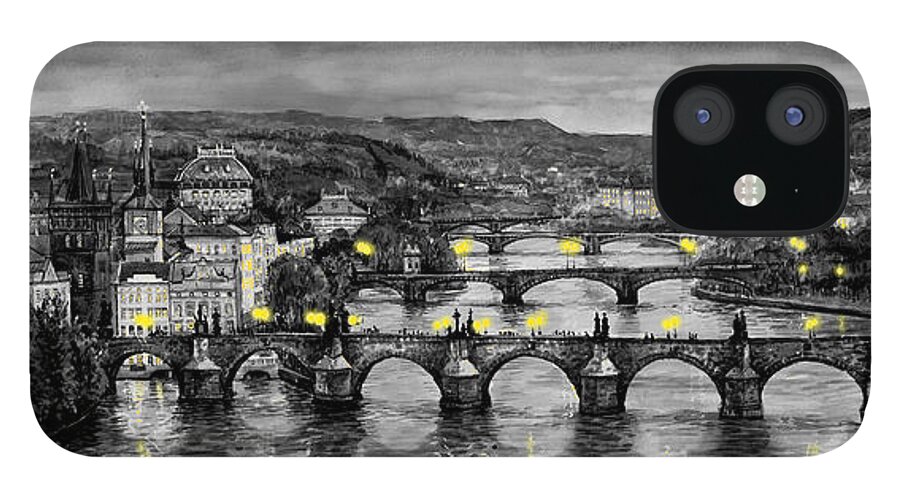 Prague iPhone 12 Case featuring the painting BW Prague Bridges by Yuriy Shevchuk
