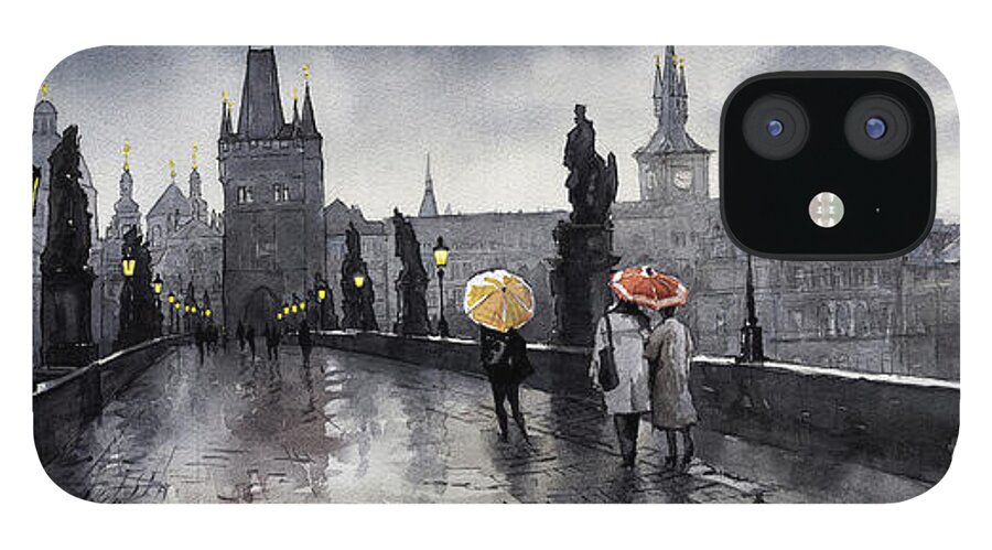 Prague iPhone 12 Case featuring the painting BW Prague Charles Bridge 05 by Yuriy Shevchuk