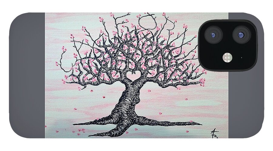 California iPhone 12 Case featuring the drawing California Cherry Blossom Love Tree by Aaron Bombalicki