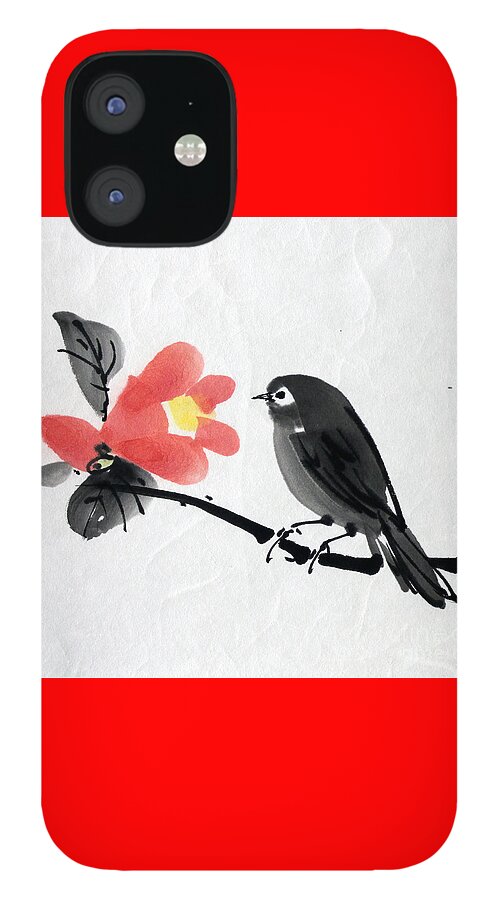 Japanese iPhone 12 Case featuring the painting Camellia and a Little Bird by Fumiyo Yoshikawa