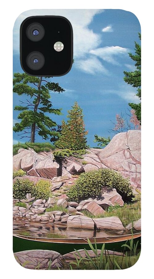 Landscapes iPhone 12 Case featuring the painting Canoe Among The Rocks by Kenneth M Kirsch