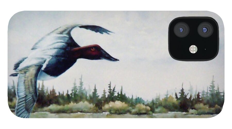 Single Canvasback Over Lake Earl Crescent City iPhone 12 Case featuring the painting Canvasback Over Lake by Lynne Parker