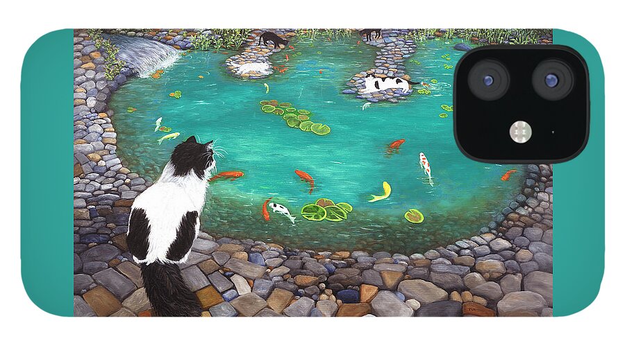 Karen Zuk Rosenblatt iPhone 12 Case featuring the painting Cats and Koi by Karen Zuk Rosenblatt