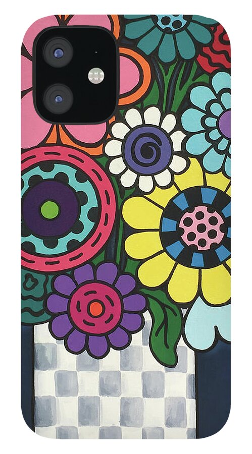 Flowers iPhone 12 Case featuring the painting Checkered Bouquet by Beth Ann Scott