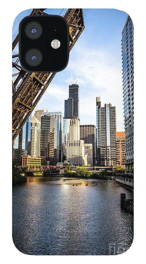 America iPhone 12 Case featuring the photograph Chicago Downtown and Kinzie Street Railroad Bridge by Paul Velgos