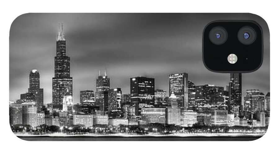 Chicago Skyline iPhone 12 Case featuring the photograph Chicago Skyline at NIGHT black and white by Jon Holiday