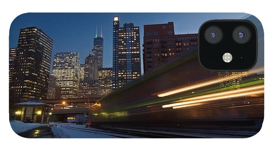 Chicago Skyline iPhone 12 Case featuring the photograph Chicago Train Blur by Sven Brogren