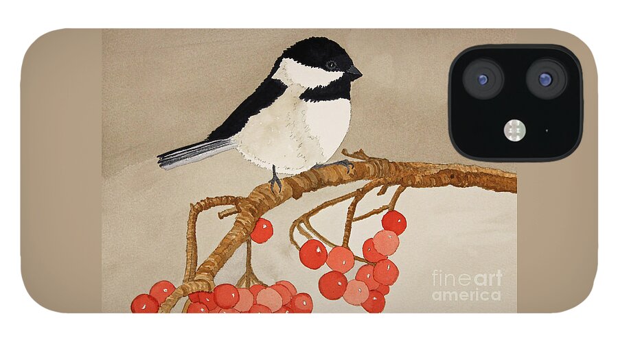 Chickadee iPhone 12 Case featuring the painting Chickadee and Berries by Norma Appleton