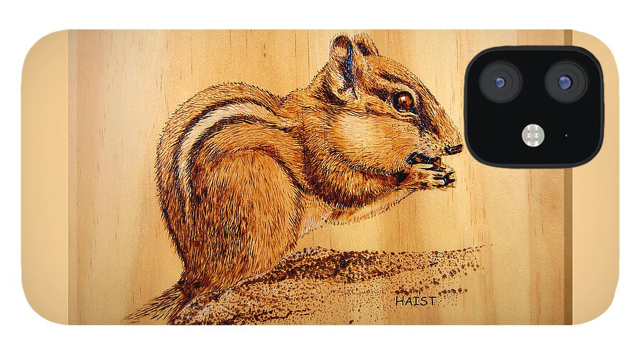 Chipmunk iPhone 12 Case featuring the pyrography Chippies Lunch by Ron Haist