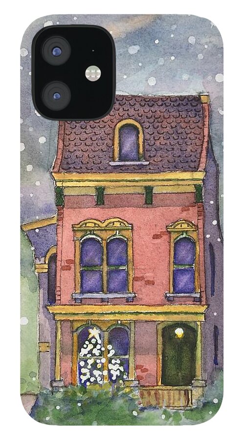 Watercolor Christmas Card iPhone 12 Case featuring the painting Christmas on North Hill by Rebecca Matthews