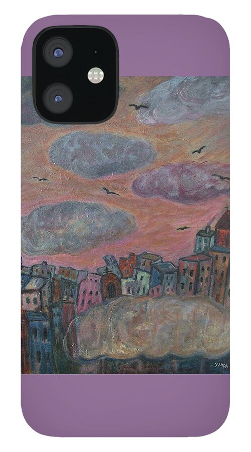 Katt Yanda Original Art Landscape Oil Painting Clouds City Cityscape iPhone 12 Case featuring the painting City of Clouds by Katt Yanda