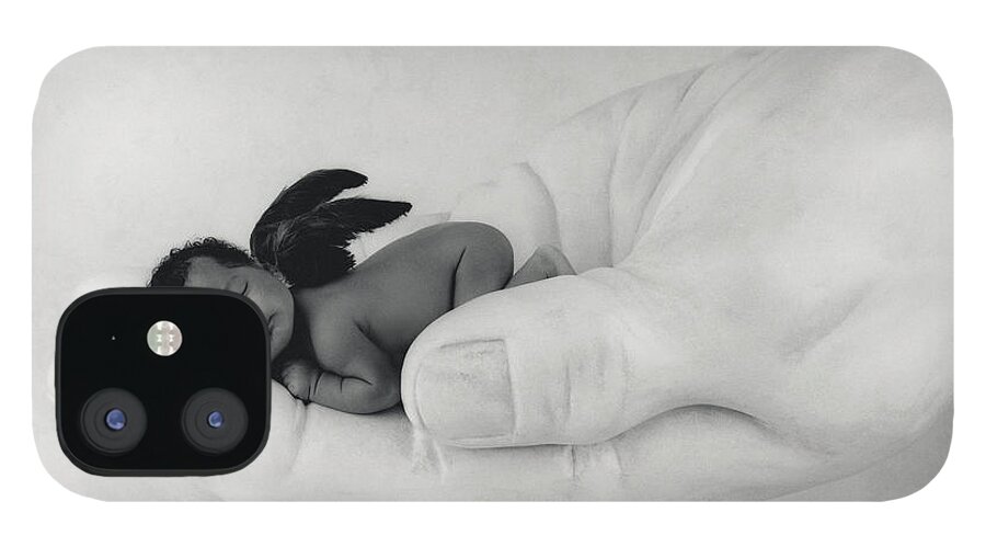 Black And White iPhone 12 Case featuring the photograph C.J. as an Angel by Anne Geddes