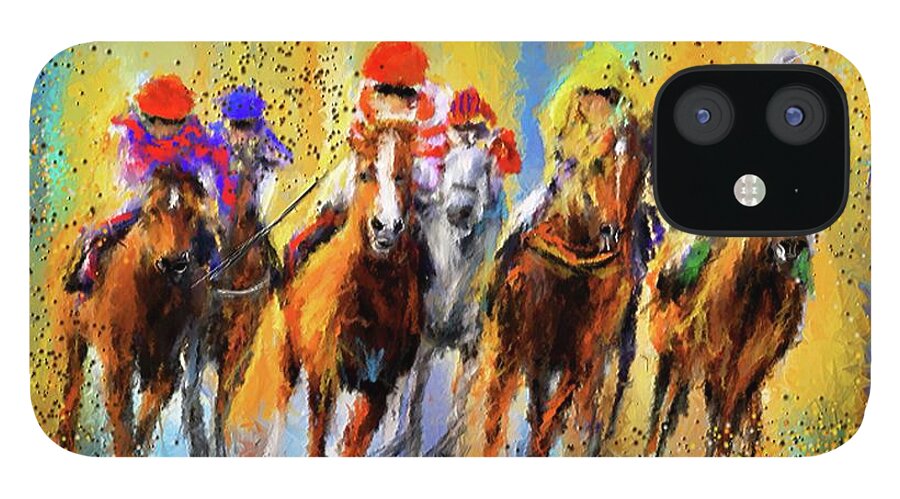 Horse Racing iPhone 12 Case featuring the painting Colorful Horse Racing Impressionist Paintings by Lourry Legarde