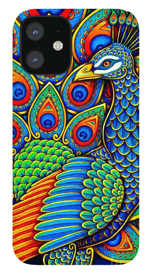 Peacock iPhone 12 Case featuring the drawing Colorful Paisley Peacock by Rebecca Wang