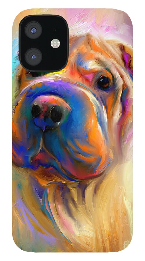 Chinese Shar Pei Dog iPhone 12 Case featuring the painting Colorful Shar Pei Dog portrait painting by Svetlana Novikova