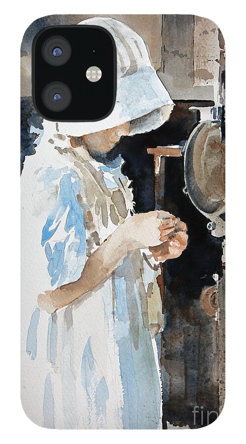 A Young Girl In An Apron And White Bonnet Examines Something She Has Found In A Blacksmith Shop In Calgary iPhone 12 Case featuring the painting Concentration by Monte Toon