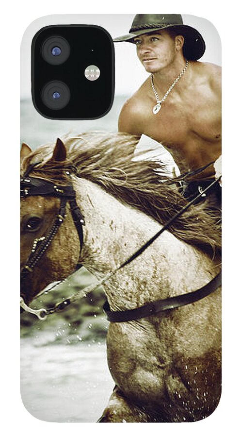 Horse iPhone 12 Case featuring the photograph Cowboy riding horse on the beach by Dimitar Hristov