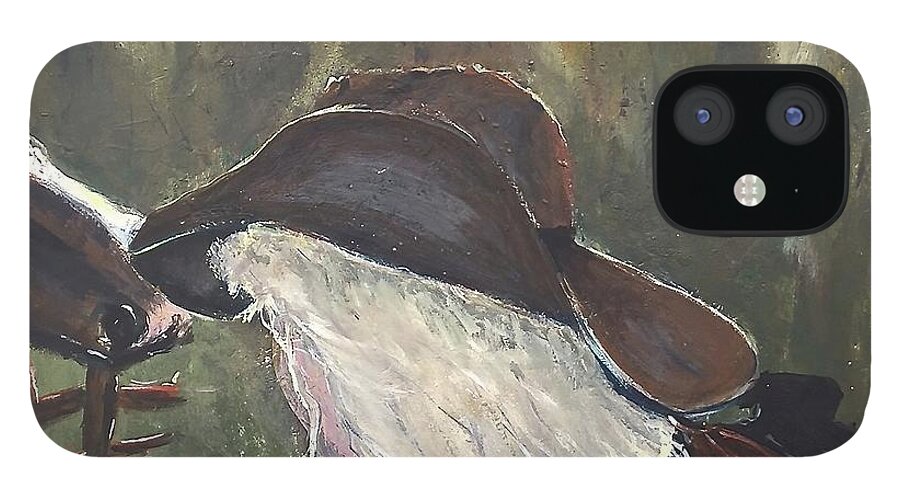 Cowgirl Horse Riding Hat Horseshoe Blondie Hair Girl Woman Fence Forest Tree Horse Lover Brown Red Saddle Acrylic On Canvas Print Painting iPhone 12 Case featuring the painting Cowgirl by Miroslaw Chelchowski