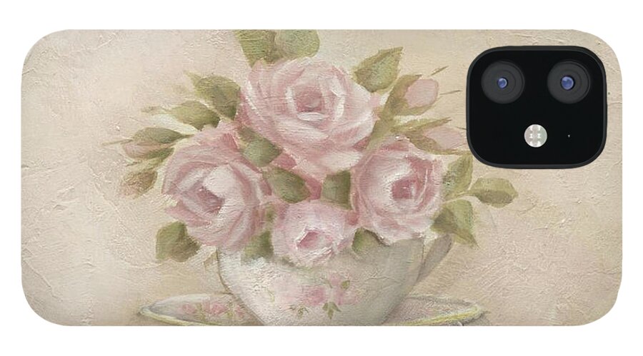 Shabby Chic Roses iPhone 12 Case featuring the painting Cup And Saucer Pink Roses by Chris Hobel