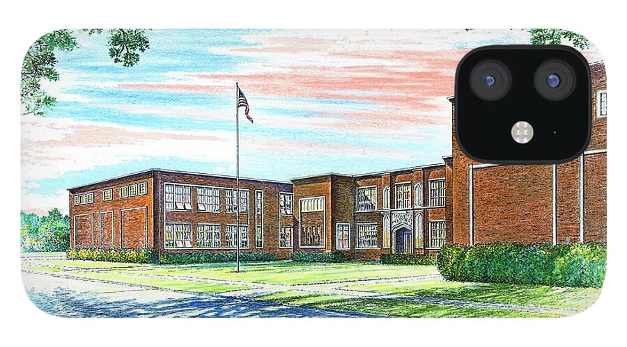 David Crockett Junior High School iPhone 12 Case featuring the drawing David Crockett Junior High School by Randy Welborn