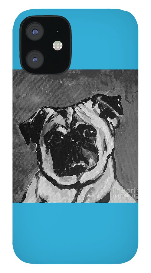 Pug; Dog; Puppy; Animal; Portrait; Painting; Acrylic iPhone 12 Case featuring the painting Deb's Ming monochrome by Rebecca Weeks