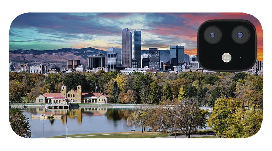 Denver iPhone 12 Case featuring the photograph Denver Skyline and Mountains Beyond Lake by Darryl Brooks