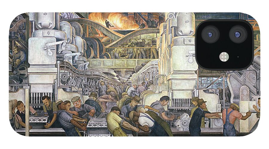 Machinery; Factory; Production Line; Labour; Worker; Male; Industrial Age; Technology; Automobile; Interior; Manufacturing; Work; Detroit Industry iPhone 12 Case featuring the painting Detroit Industry  North Wall by Diego Rivera