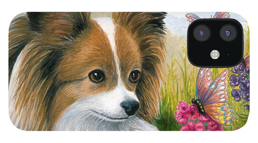 Dog iPhone 12 Case featuring the painting Dog 123 Papillon by Lucie Dumas