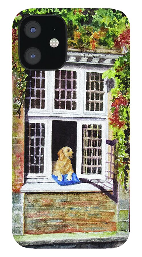  Dog iPhone 12 Case featuring the painting Dog in the Window by Karen Fleschler