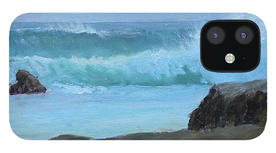 Seascape Landscape Sea Ocean Rocks Waves Beach Maine Coast iPhone 12 Case featuring the painting Double Wave by Scott W White