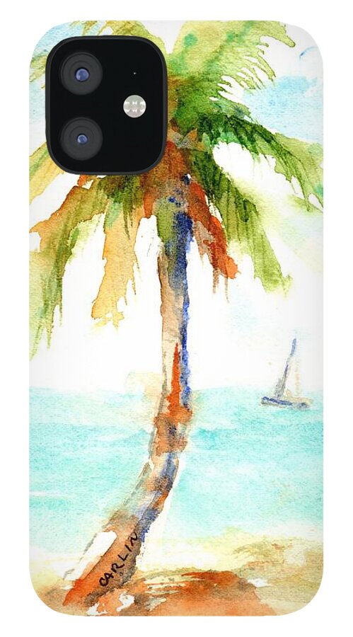 Palm Tree iPhone 12 Case featuring the painting Dreamy Tropical Beach Palm by Carlin Blahnik CarlinArtWatercolor