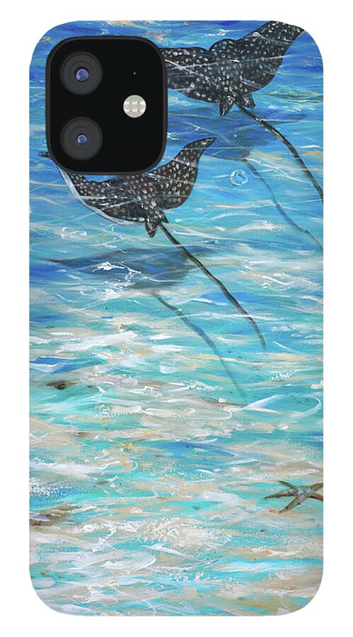 Stingray iPhone 12 Case featuring the painting Eagle Rays Gliding by Linda Olsen