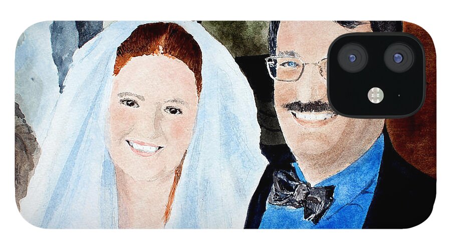 A Bride And Groom On Their Wedding Day. iPhone 12 Case featuring the painting Emily And Jason by Monte Toon