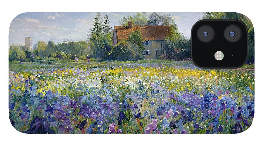 Landscape;market Gardening; Flowers; Horticulture;cottage; Summer; Rural; Irises; Landscapes iPhone 12 Case featuring the painting Evening at the Iris Field by Timothy Easton