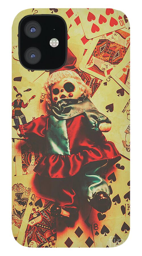 Doll iPhone 12 Case featuring the photograph Evil clown doll on playing cards by Jorgo Photography
