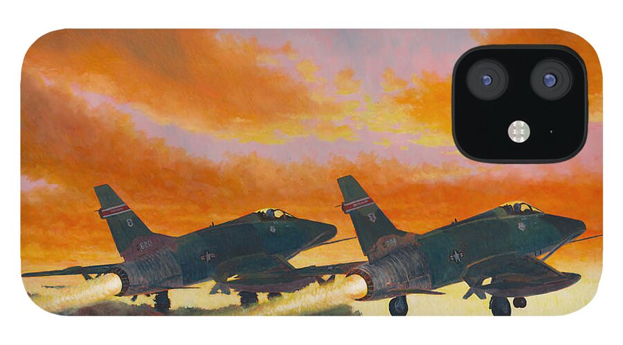 Aviation Art iPhone 12 Case featuring the painting F-100D's Missouri ANG at Dusk by Douglas Castleman