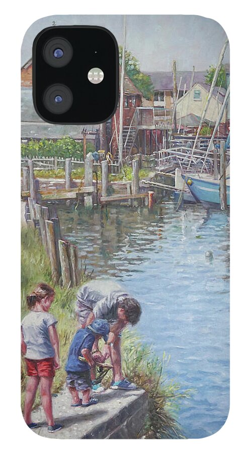 Family iPhone 12 Case featuring the painting Family Fishing at Eling Tide Mill Hampshire by Martin Davey