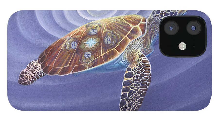 Wildlife iPhone 12 Case featuring the painting Father Turtle with Lions by Robin Aisha Landsong