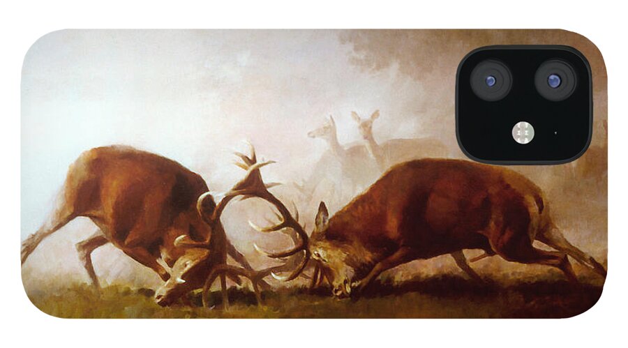 Fighting Stags iPhone 12 Case featuring the painting Fighting Stags II. by Attila Meszlenyi