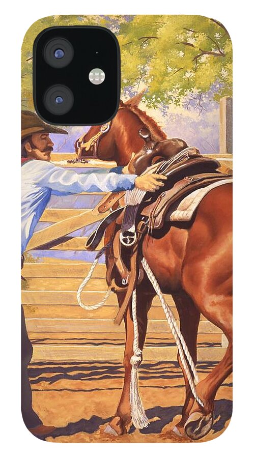 Cowboy iPhone 12 Case featuring the painting First Saddling by Howard Dubois