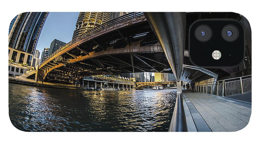 Marina Towers iPhone 12 Case featuring the photograph Fisheye view from The Chicago Riverwalk by Sven Brogren