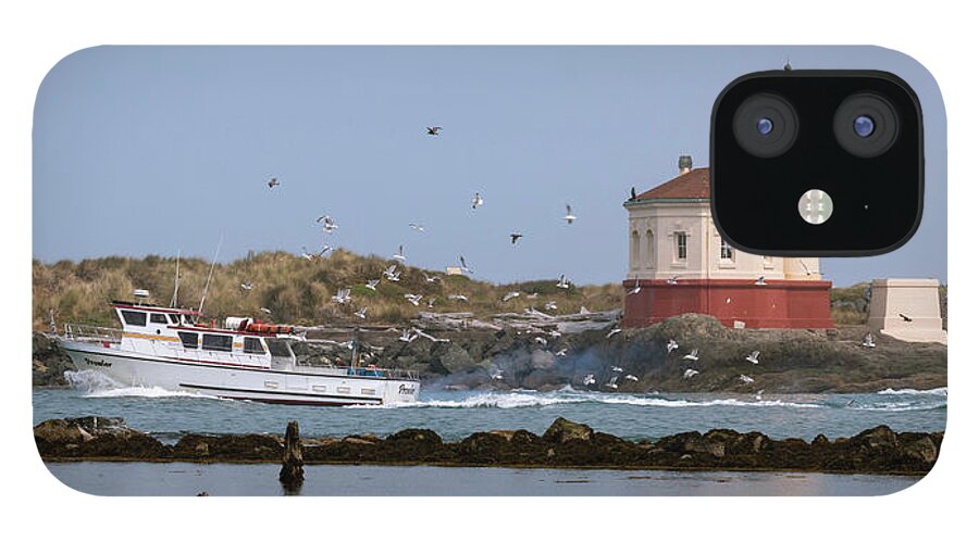 Coquille River Lighthouse iPhone 12 Case featuring the photograph Flock of Seagulls at Coquille River Lighthouse by Catherine Avilez