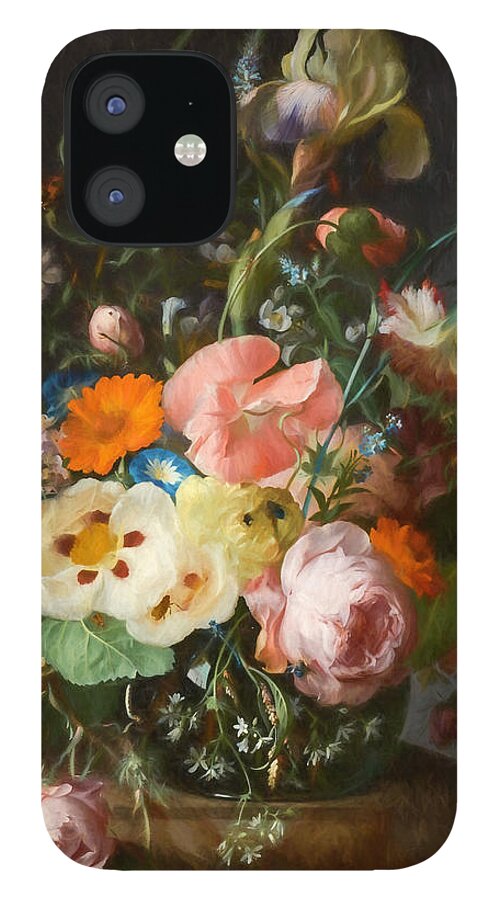Old Masters iPhone 12 Case featuring the mixed media Flowers on a Table Top 2 by Rachel Ruysch