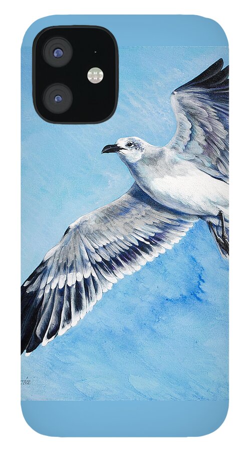 Seagull iPhone 12 Case featuring the painting Flying Gull by Joan Garcia