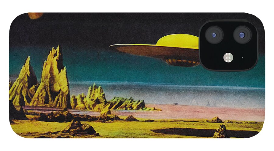 Forbidden Planet iPhone 12 Case featuring the painting Forbidden Planet in CinemaScope retro classic movie poster detailing flying saucer by Vintage Collectables