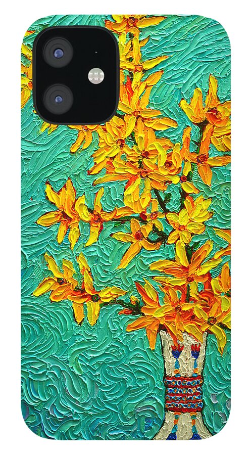 Spring iPhone 12 Case featuring the painting Forsythia Vibration Modern Impressionist Flower Art Palette Knife Oil Painting By Ana Maria Edulescu by Ana Maria Edulescu