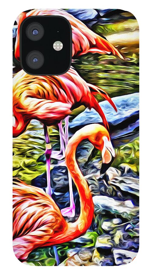 Painting Of Pink Flamingos iPhone 12 Case featuring the painting Four Pink Flamingos by Joan Reese