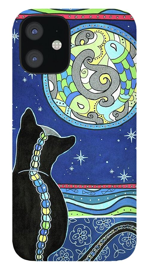 Black Cat iPhone 12 Case featuring the painting Pisces Cat Zodiac - Full Moon by Dora Hathazi Mendes